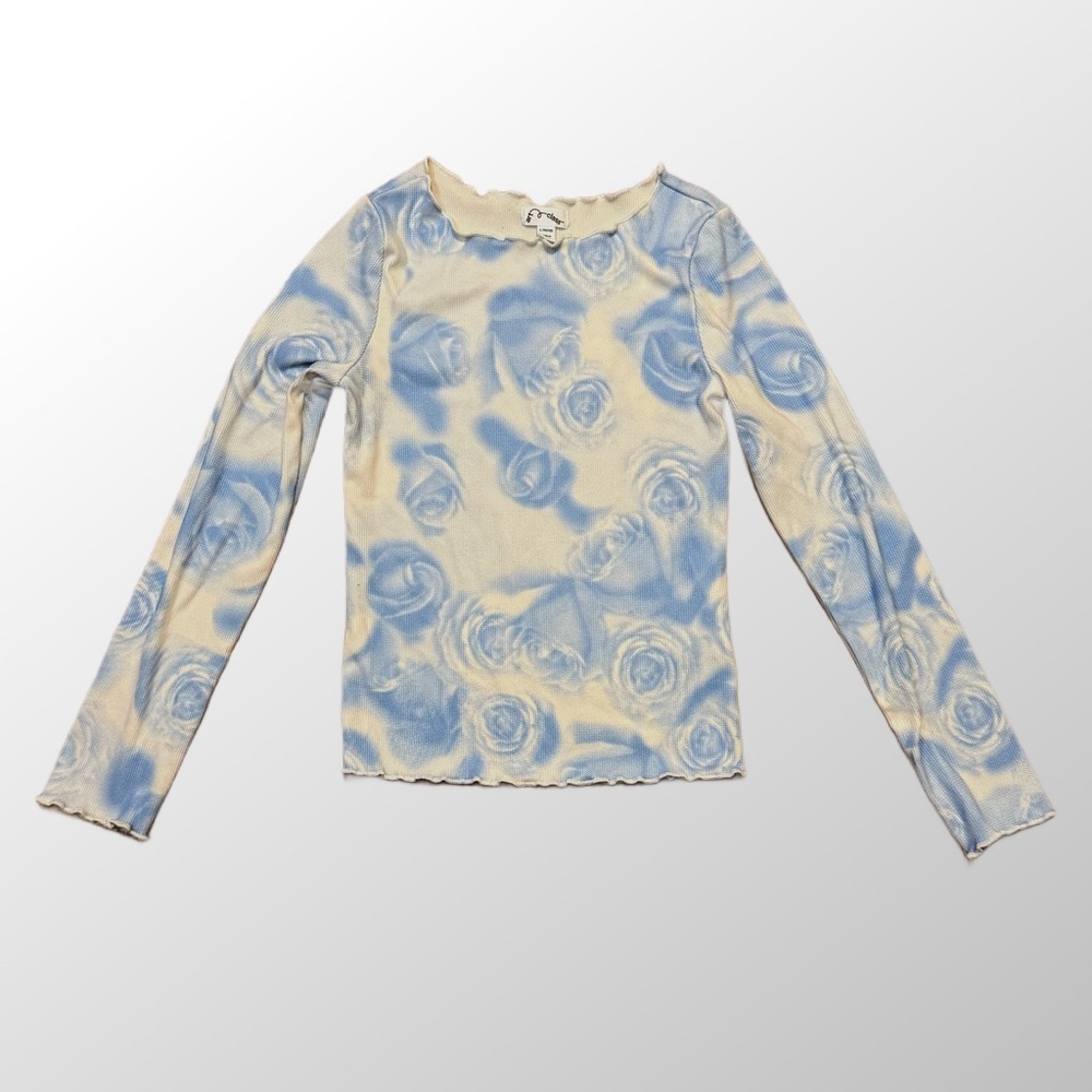 Art Class Blue Cream Ribbed Top floral roses Coquette